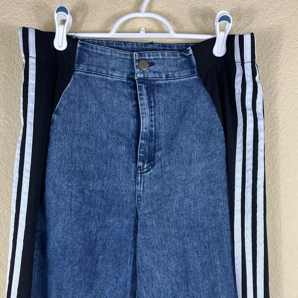 Jeans with Patchwork Three Stripes High Waisted  Color Block Wide Leg size Large - Picture 3 of 10